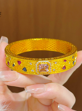 女沙金粉钻方糖彩宝卡扣手镯