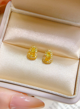 沙金黄水晶葫芦耳钉耳饰满钻福禄