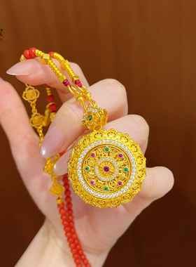 女沙金彩钻花丝如意罗盘南红项链