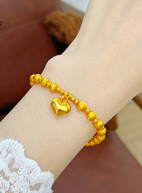 女沙金复古拉丝猫眼爱心圆珠手链