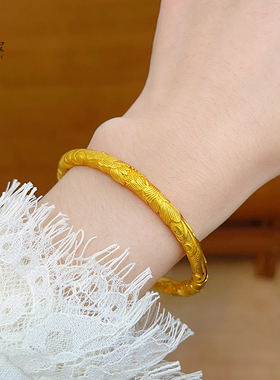 女沙金复古满錾圆牡丹花手镯