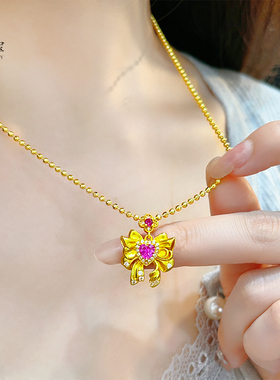 女沙金点钻爱心蝴蝶结项链吊坠