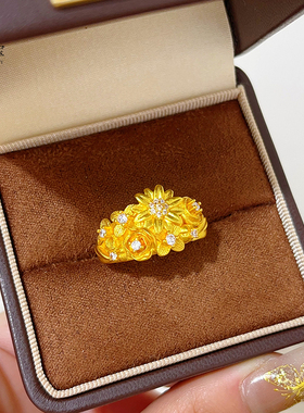 女沙金中古风点钻繁花锦簇戒指