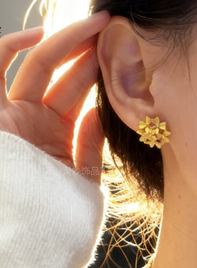 古法沙金镂空繁花绣球花戒指耳钉