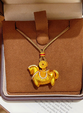 女古法沙金白钻小马钱币吊坠项链