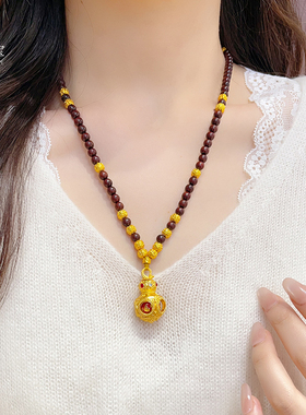 女沙金葫芦转心瓶核桃珠檀木项链