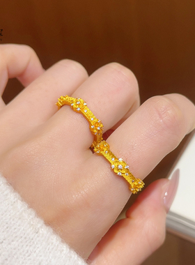 女沙金点钻立体四叶花可调节戒指