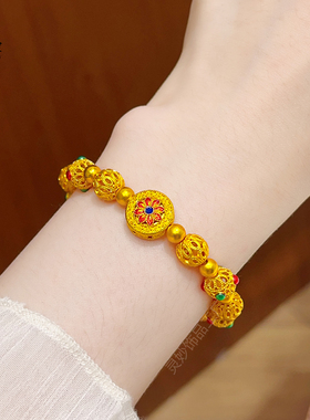 沙金红色宝相花珐琅镂空流苏手链