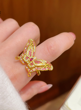 沙金镂空花丝满钻丝光蝶影双层蝴蝶吊坠项链女新中式毛衣链送礼物