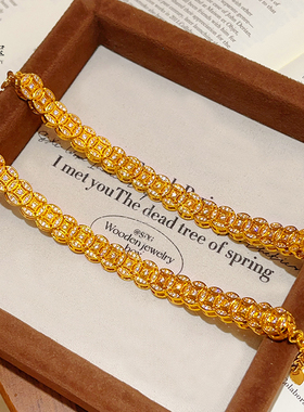 女沙金古法镂空满钻八方铜钱手链