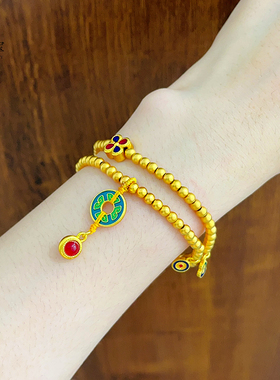 女沙金999珐琅莲花福禄双圈手链