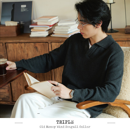 TRIPLE纯棉海鸥领长袖POLO衫男透气针织休闲商务通勤纯色宽松打底 - 图1