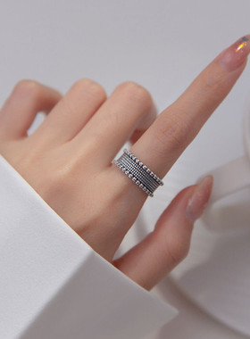 韩版复古925镀银凹凸纹路光珠戒指女时尚个性设计感潮流指环手饰