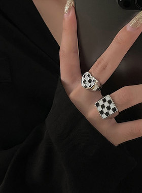 时尚个性棋盘格开口食指戒指女ins潮简约百搭小众设计轻奢高级感