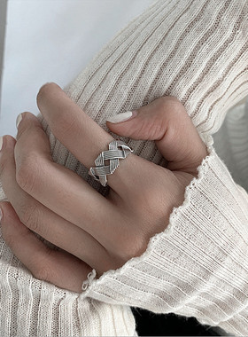 ins镀银编织条纹女重工宽版戒指