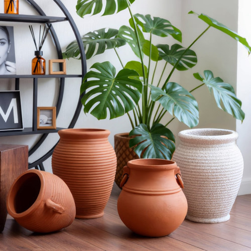 简约大口径红陶圆形陶瓷花盆手工无釉控根陶土透气大码落地式花器 - 图2