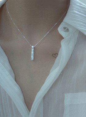 天然珍珠925银小银条真珠项链