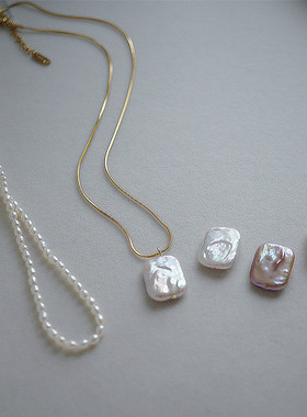 复古简约 炫彩天然方形巴洛克珍珠项链 法式优雅珍珠锁骨链