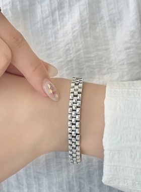 S925纯银表带设计重工手链 精工实心男女情侣款韩版简约