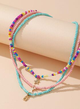 3-piece necklace set彩色米珠锁骨炼短款糖果色星月吊坠项炼3件