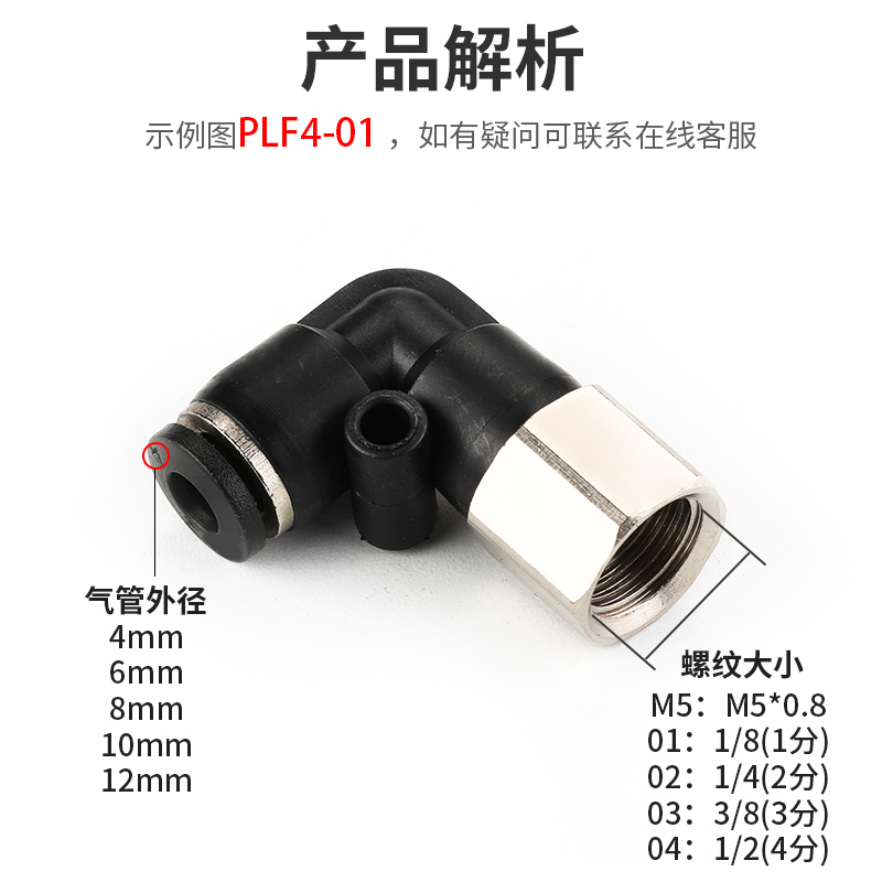 PLF8-02气管快速L型4-M5内螺纹弯头气缸气动接头6-01/10-03/12-04 - 图0