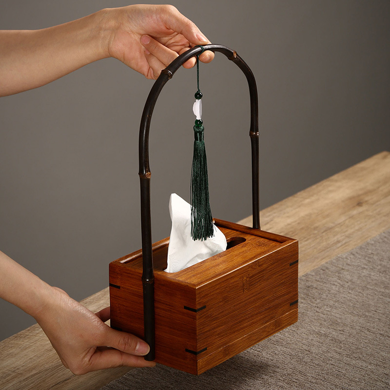 竹制纸巾盒新中式轻奢抽纸盒创意家居实木纸巾收纳盒民宿酒店摆件 - 图1