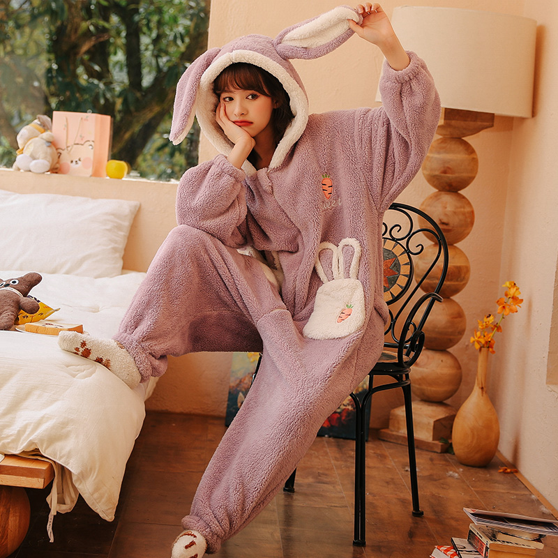 连体冬季加绒珊瑚绒可爱兔子睡衣 戴蜜睡衣/家居服套装