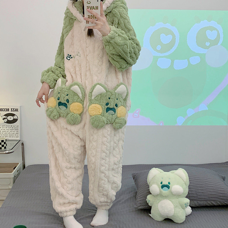 法兰绒可爱连体女款嘟嘟猫睡衣 戴蜜睡衣/家居服套装