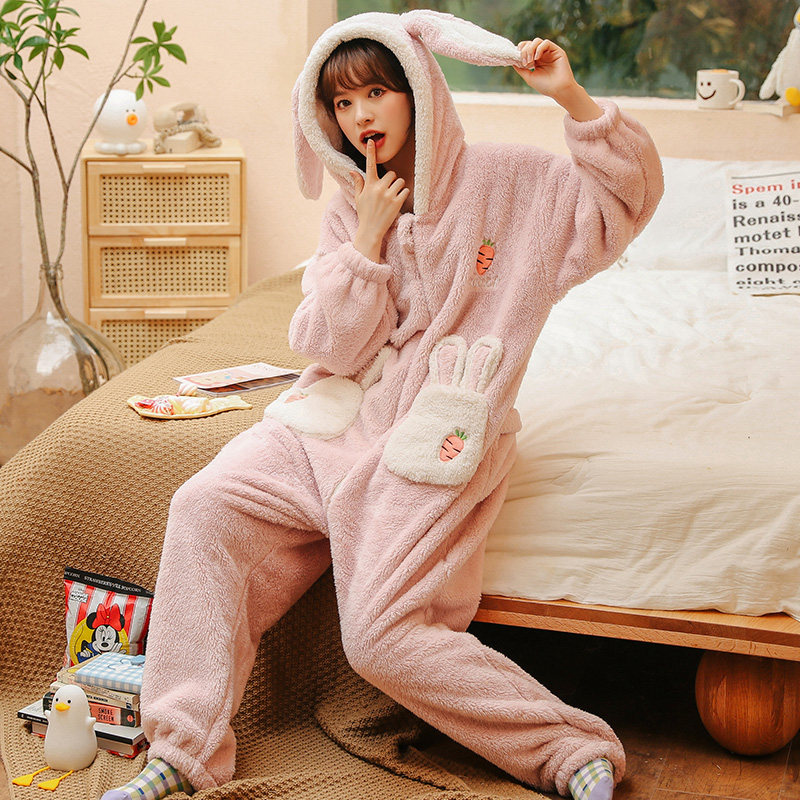 冬款加绒珊瑚绒秋冬季连体可爱睡衣 戴蜜睡衣/家居服套装