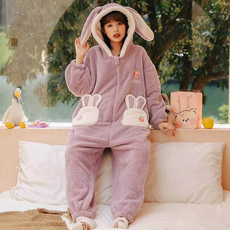 连体冬季加绒珊瑚绒可爱兔子睡衣 戴蜜睡衣/家居服套装