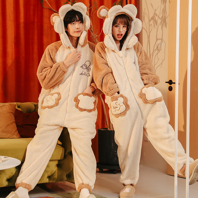 连体珊瑚绒情侣秋冬加绒睡衣 戴蜜睡衣/家居服套装