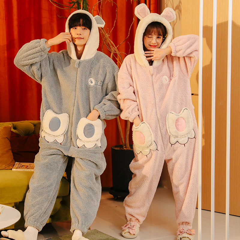 情侣冬季加绒珊瑚绒连体男士睡衣 戴蜜睡衣/家居服套装