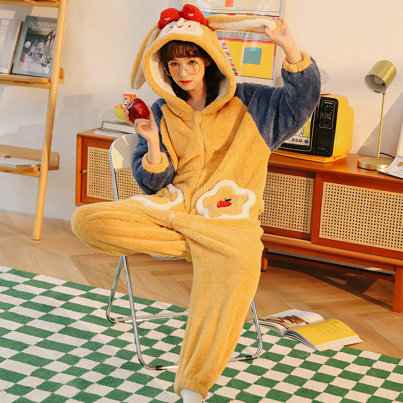 连体秋冬季加绒珊瑚绒可爱网红睡衣 戴蜜睡衣/家居服套装
