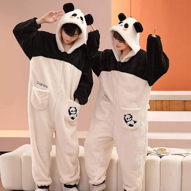 熊猫情侣连体秋冬季加绒珊瑚绒睡衣 戴蜜睡衣/家居服套装