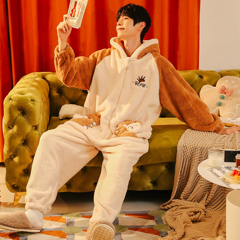 男士冬款珊瑚绒加厚加绒卡通睡衣 戴蜜睡衣/家居服套装