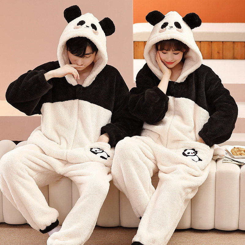 熊猫情侣连体秋冬季加绒珊瑚绒睡衣 戴蜜睡衣/家居服套装