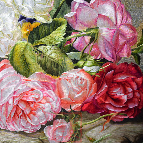 115*115顾氏精品苏绣牡丹 现代油画风格富贵牡丹 花团锦簇客厅画 - 图2