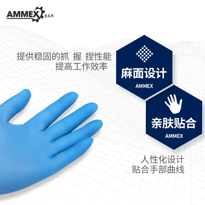 AMMEX爱马斯蓝色一次性丁晴手套APFNC每盒100只 - 图1