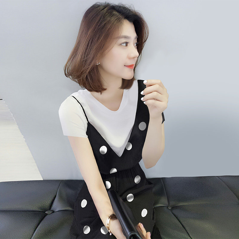 短袖2020假两件雪纺波点中长款裙子 梵莉思女装连衣裙