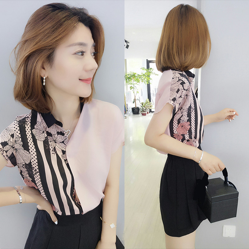 欧洲站夏装2020新款复古短袖t拼接 梵莉思女装衬衫