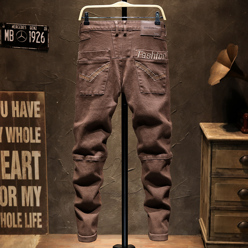 秋冬欧美时尚牛仔裤男款弹力修身小脚咖啡色青年个性长裤子百搭 - 图2