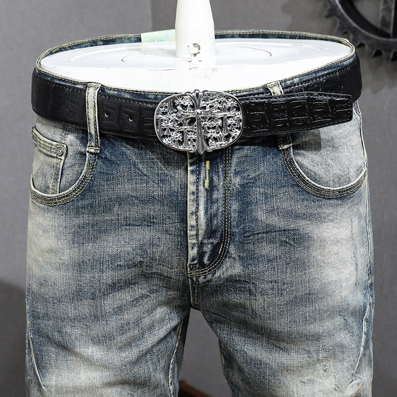 春秋休闲牛仔裤男修身小直筒潮牌裤子牛仔复古破洞补丁长裤男士