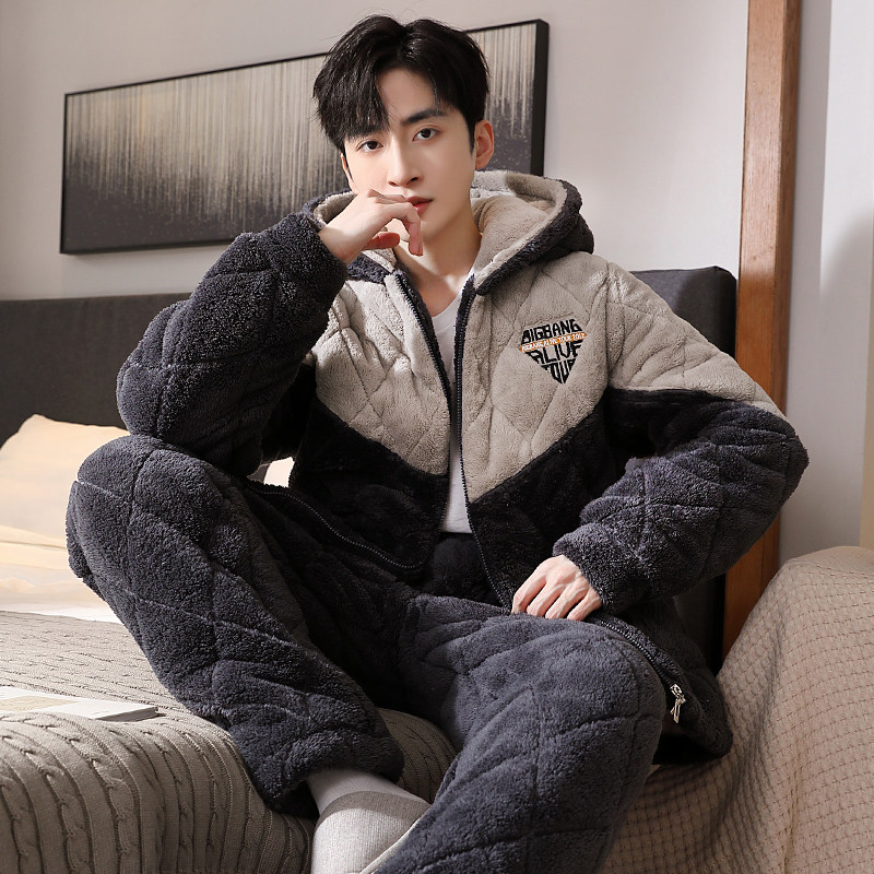 男士冬季珊瑚绒加绒三层夹棉睡衣 丰腾世家睡衣/家居服套装