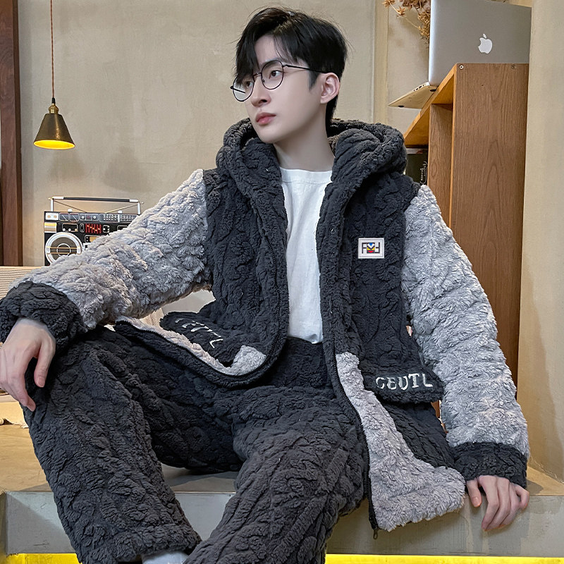 男士冬季珊瑚绒加绒三层夹棉睡衣 丰腾世家睡衣/家居服套装