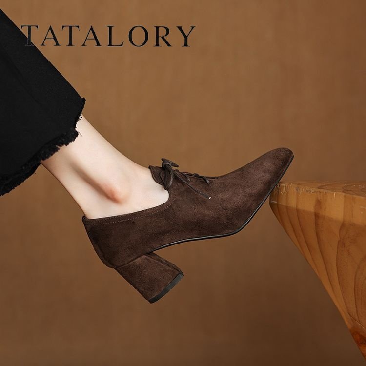 TATALORY女鞋羊皮绒面高跟尖头深口单鞋女时尚系带通勤粗跟及裸靴,淘宝优惠券,粉丝福利购,淘宝优惠卷