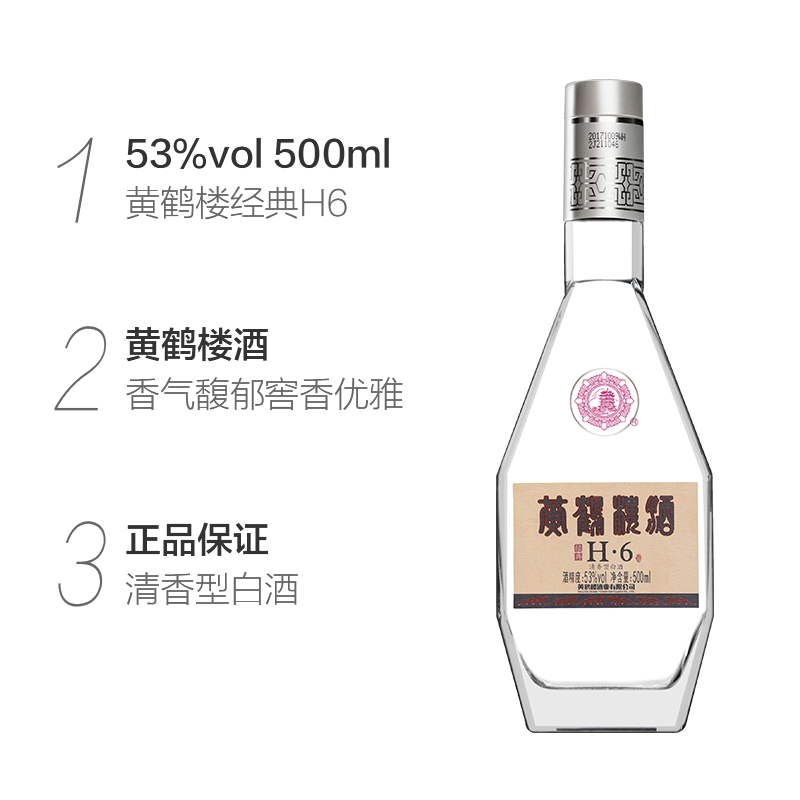 【官方旗舰】黄鹤楼酒53度经典H6 500ml*1盒装清香型纯粮国产白酒-图1