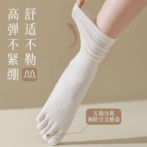 白色堆堆袜子女五指袜春夏季纯棉袜抗菌防臭吸汗秋冬中筒袜分趾袜 - 图1