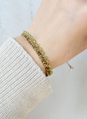 原创手工钩编 天然石橄榄石绿色手绳手链女 花瓣珍珠 北柠纪孤品