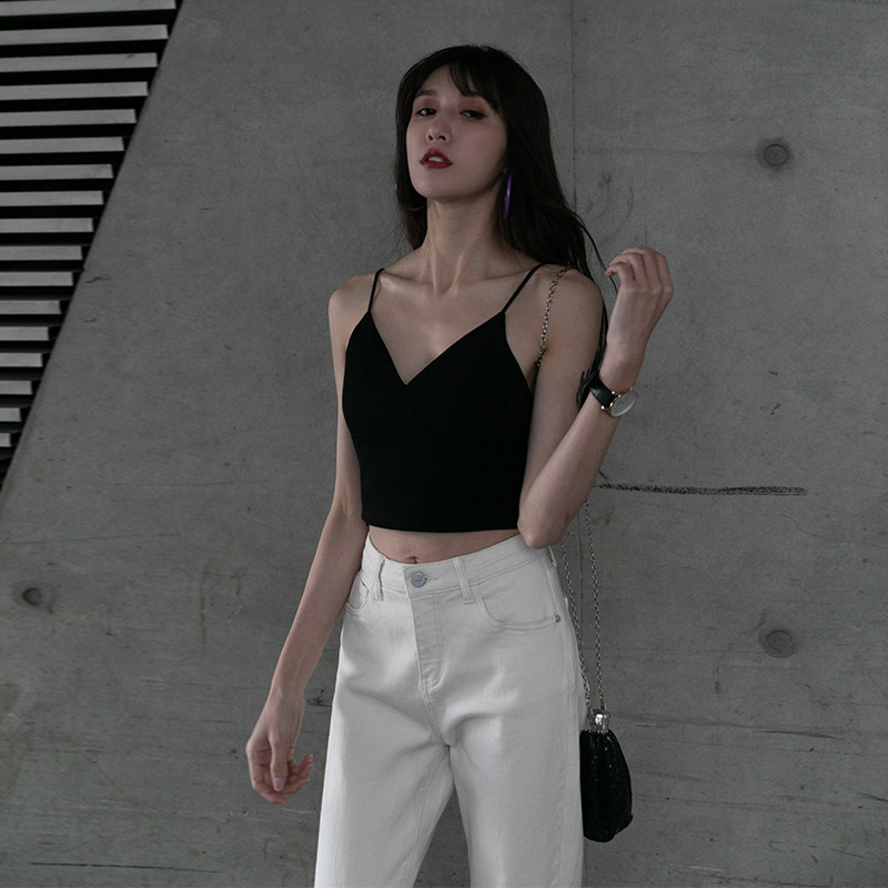 黑色吊带背心女夏季v领露脐上衣 乐镇背心吊带