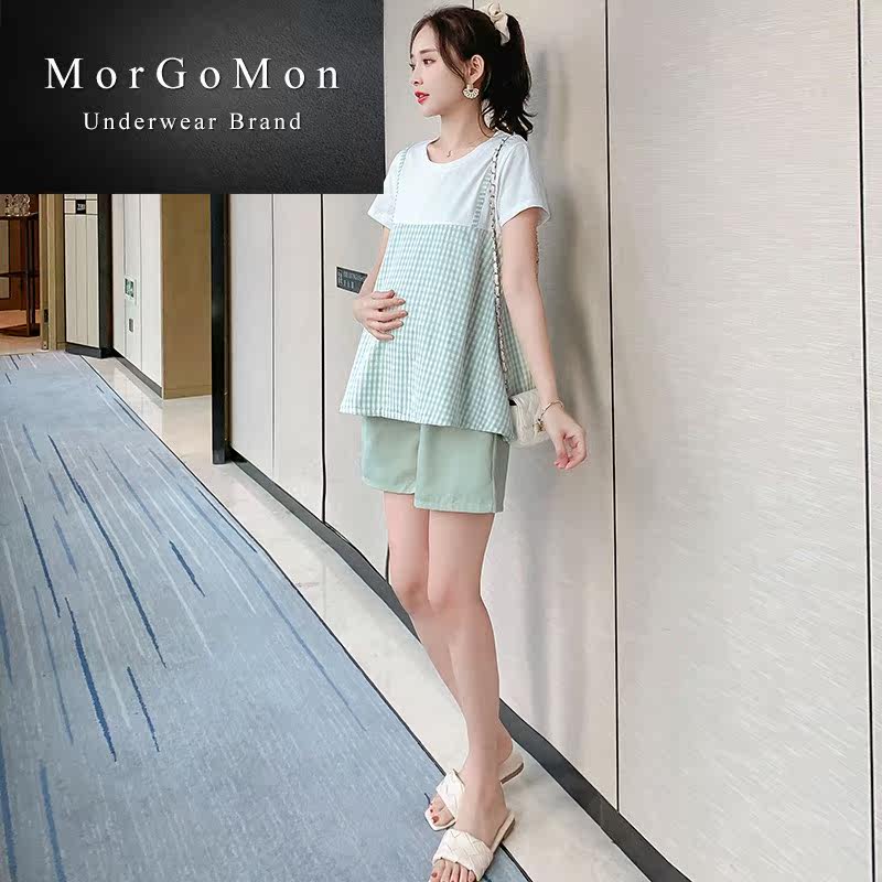 孕妇夏装外出时尚款上衣产检妈短裤 morgomon慕格蔓套装